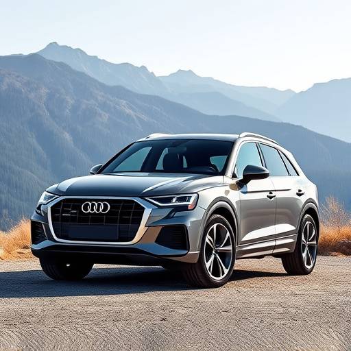 Fotografía de un Audi Q5 gris, modelo 2023, aparcado frente a un paisaje montañoso.