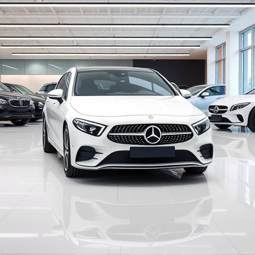 Fotografía de un Mercedes Clase A blanco, modelo 2023, en un concesionario.