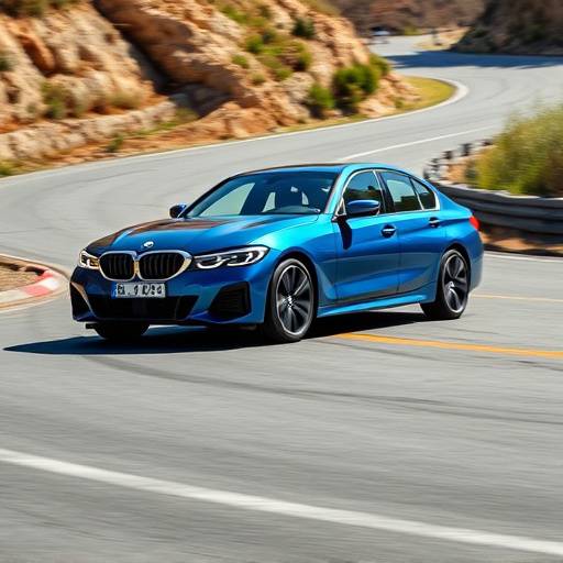 Imagen de un BMW Serie 3 azul metalizado, modelo 2023, en una carretera con curvas.