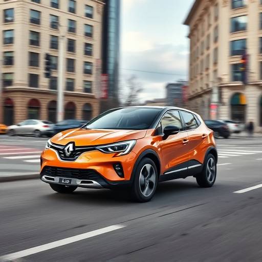 Imagen de un Renault Captur naranja, modelo 2024, circulando por una calle de la ciudad.