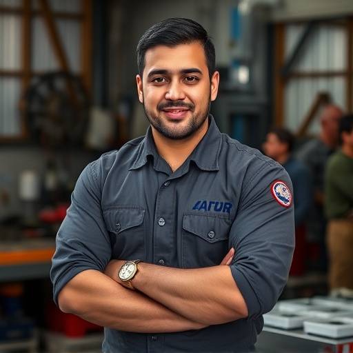 Ricardo Sánchez - Jefe de Taller, con su uniforme de mecánico.